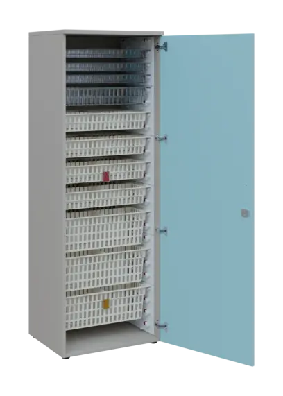 EUROMEDICA D - 66 skříň léková boxová, 1-dveřová, pravá, 1950x660x535, korpus šedý, dvířka obloha